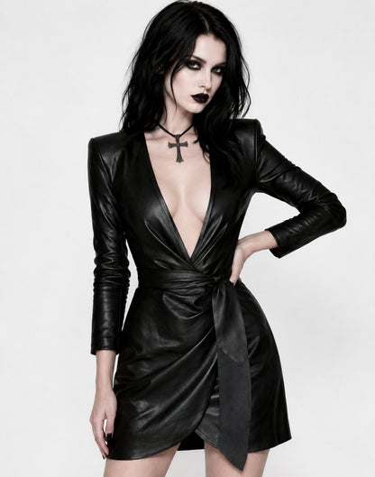 Women Black Gothic Genuine Leather Wrap Dress