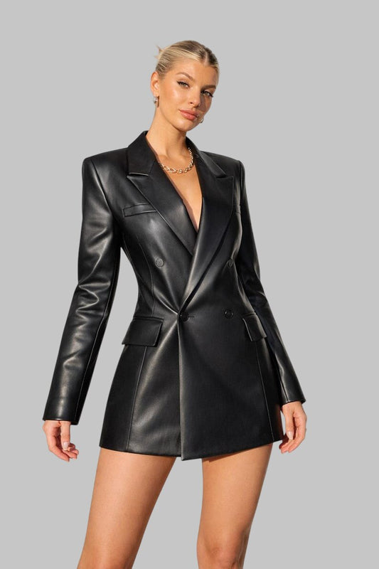 Women Black Lambskin Long Leather Blazer