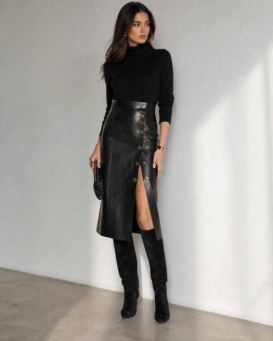Women Black Leather High Waisted Long Skirt