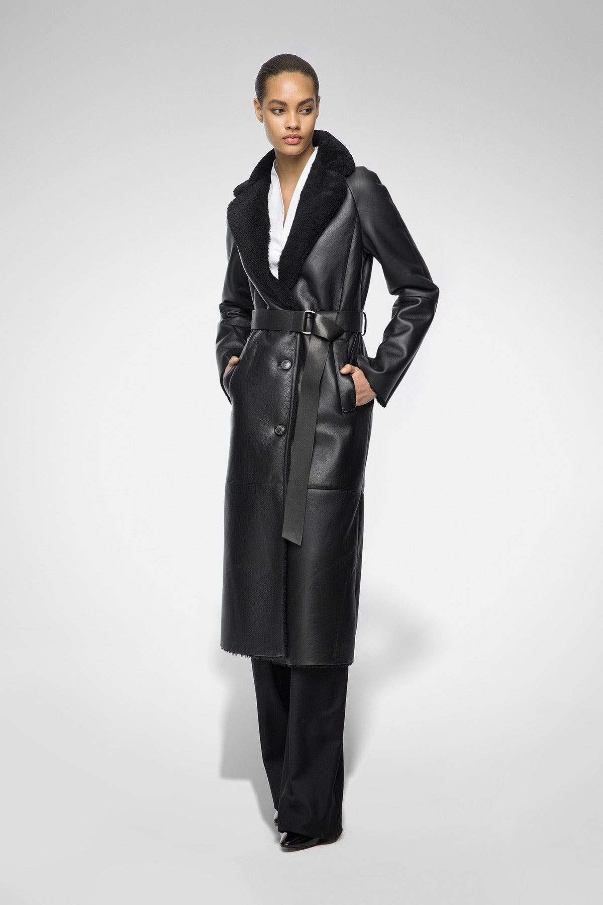 Women Black Leather Shearling Coat