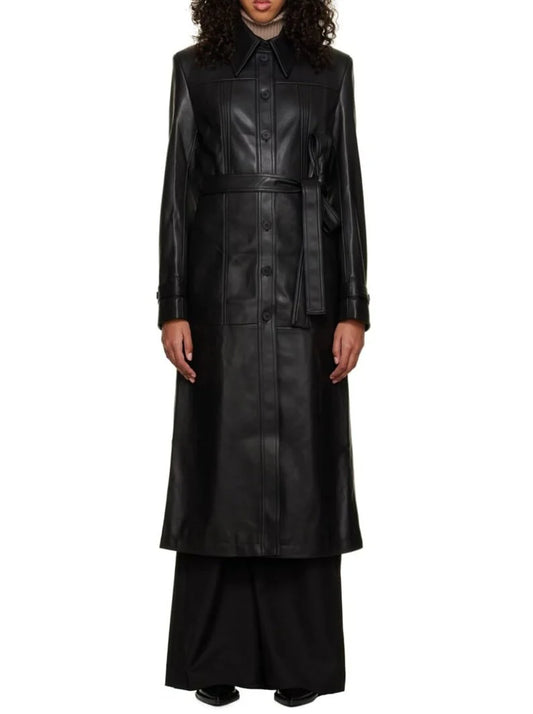 Women Black Real Sheepskin Leather Trench Coat with Waist Belt