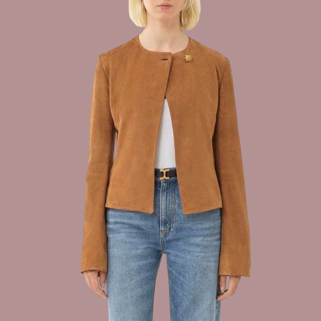 Women Brown Fitted Suede  leather Jacket