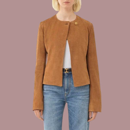 Women Brown Fitted Suede  leather Jacket