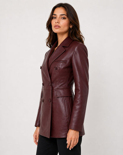 Women Burgundy Genuine Leather Double Breasted Blazer