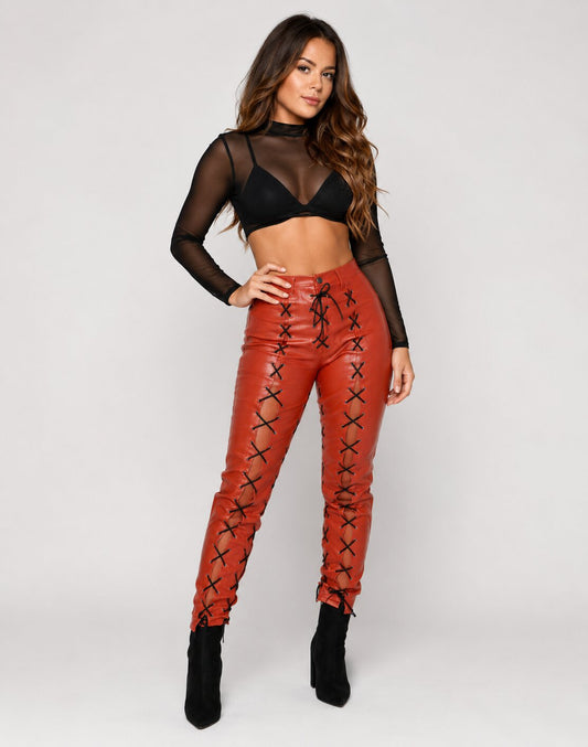 Women Burnt Orange Real Leather Lace Up Pant