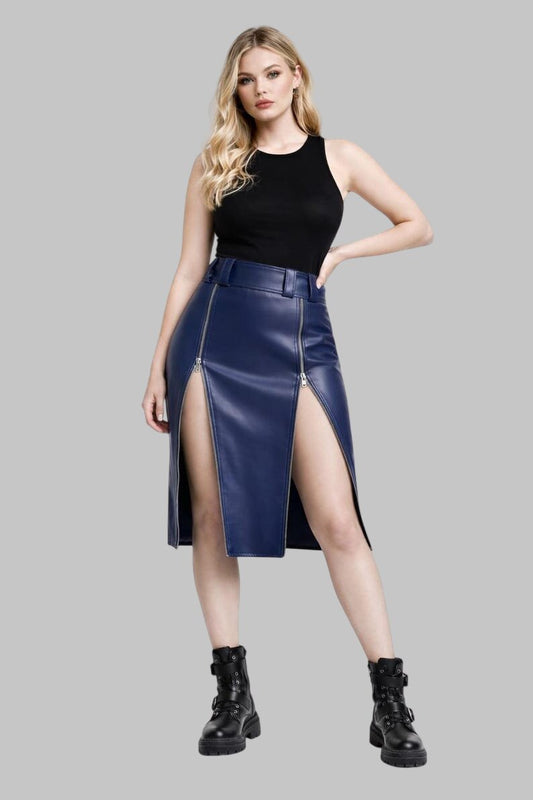 Women Dark Blue Leather Pencil Skirt