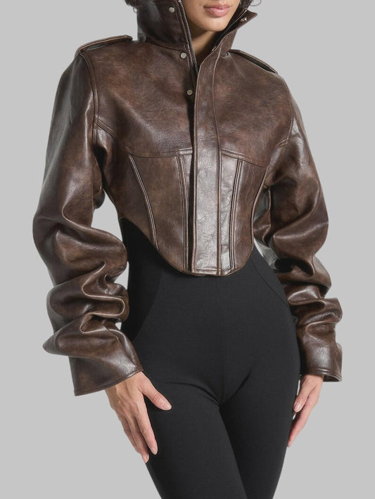 Women Dark Brown Gothic Cropped Leather Jacket