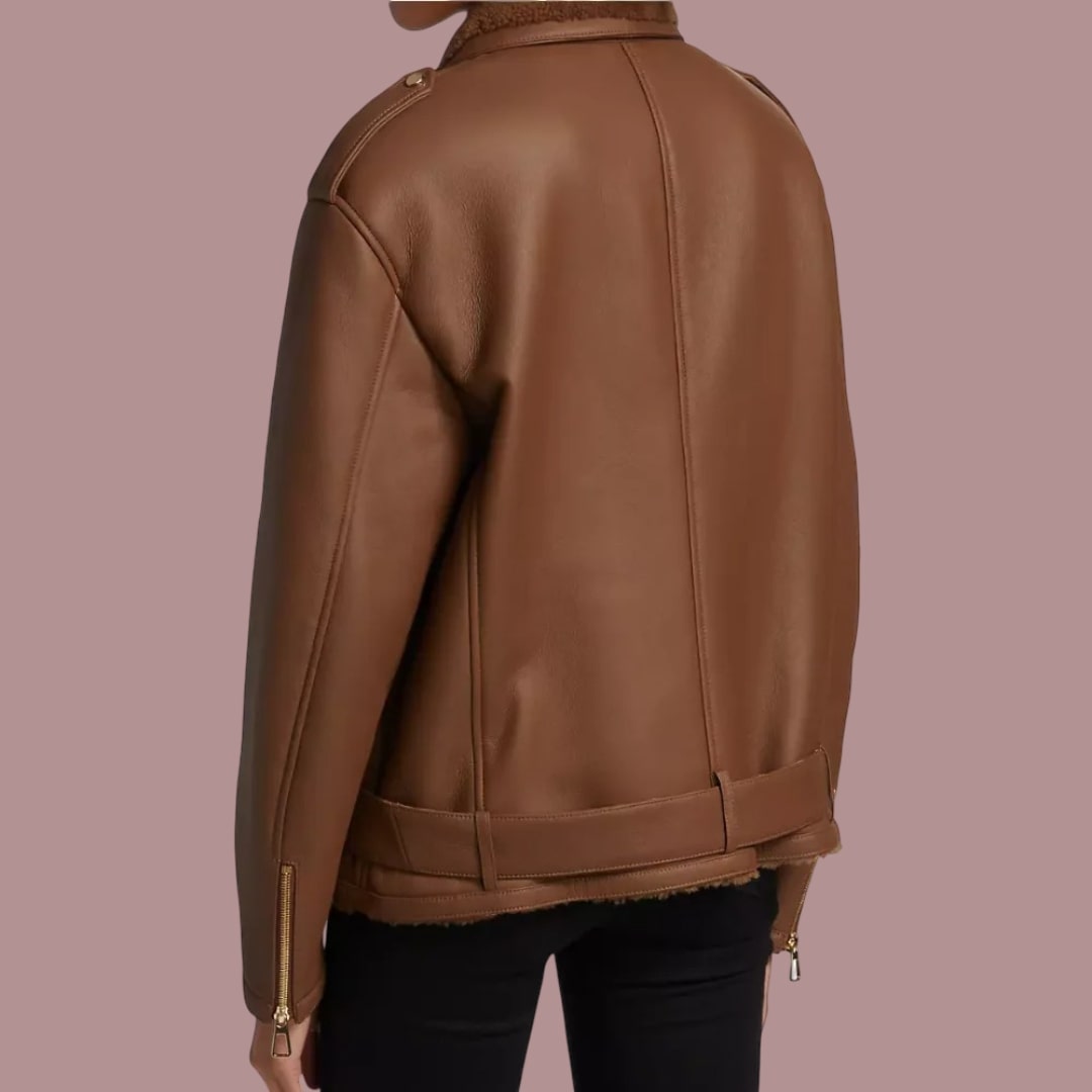 Women Dark Brown Shearling Leather Biker Jacket