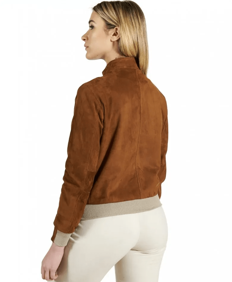 Women Dark Brown Suede Leather Bomber Jacket