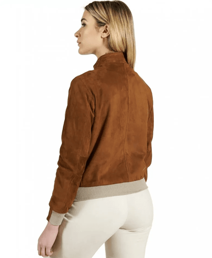 Women Dark Brown Suede Leather Bomber Jacket