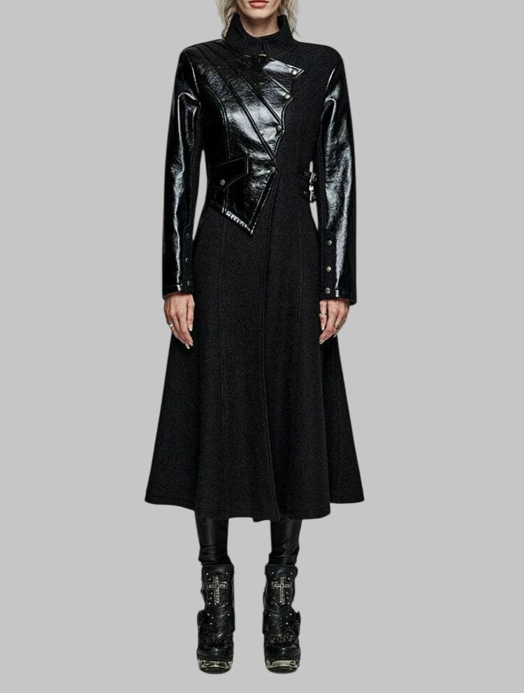 Women Gothic Black Faux Leather and Wool Trench Coat