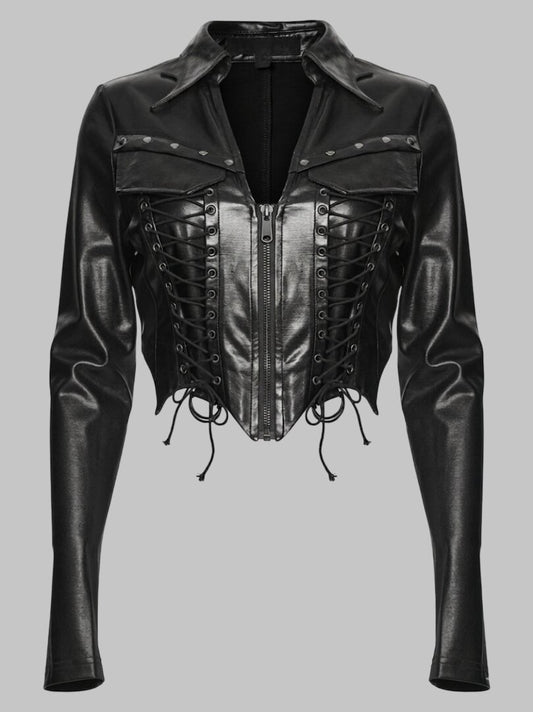 Women Gothic Black Laced Cropped Leather Jacket