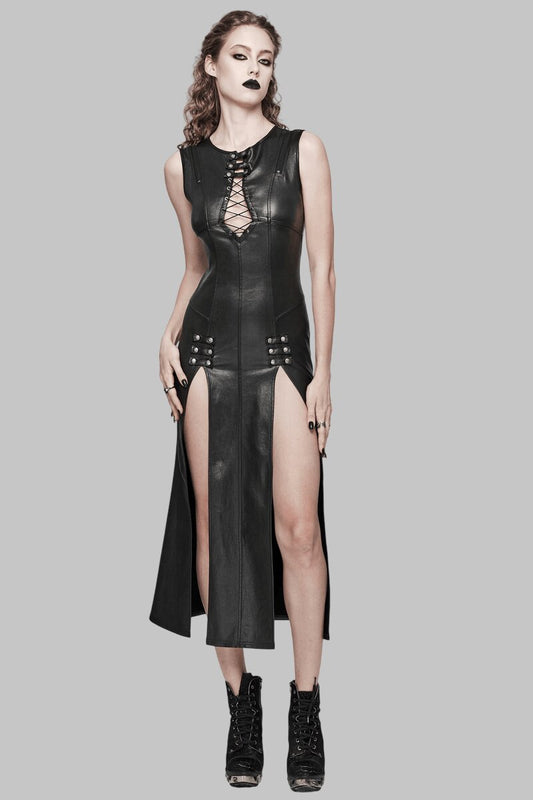 Women Gothic Black Real Leather Dress with Double Slits