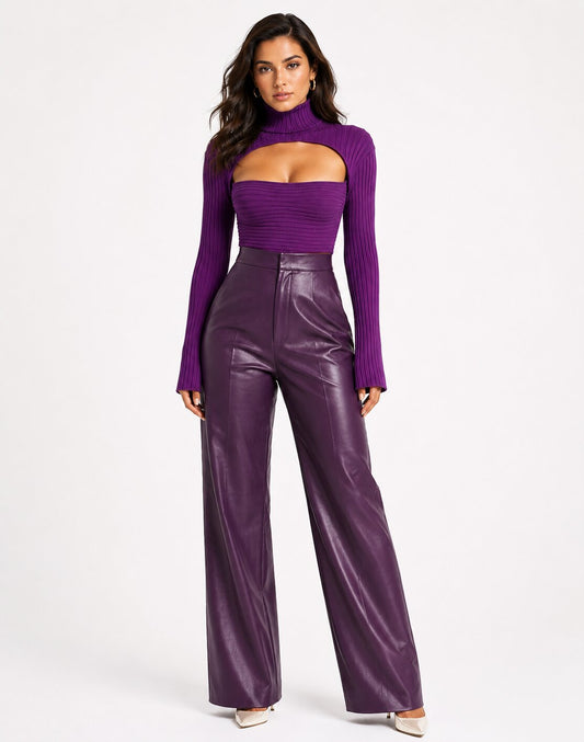 Women New Stylish Purple Real Leather Straight Leg Pants