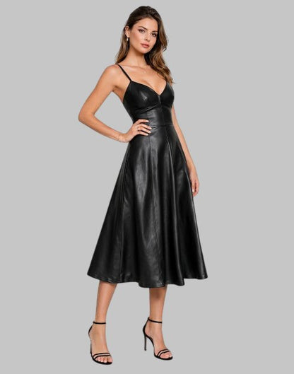 Women Premium Black Leather Long Dress