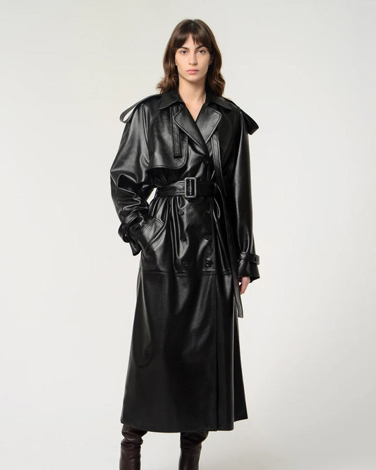 Women Stylish Black Leather Trench Coat