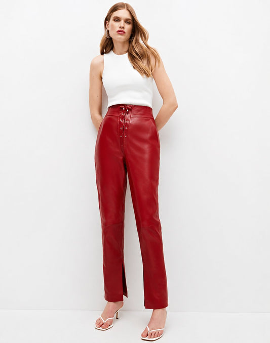 Women Stylish Red Leather Pants with Elegant Tie Waist