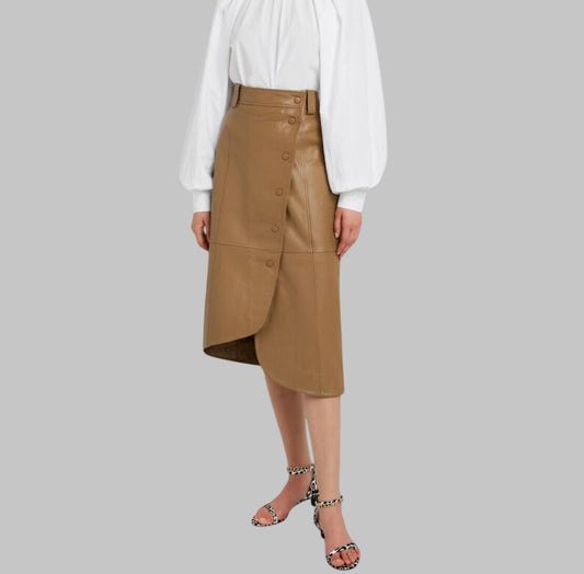 Women Tan Brown Leather Wrapped Long Skirt