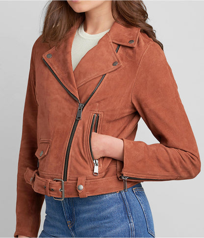 Women Tan Brown Suede Leather Biker Jacket
