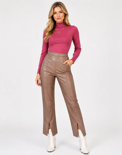 Women Timeless Beige Real Leather Straight Leg Pants