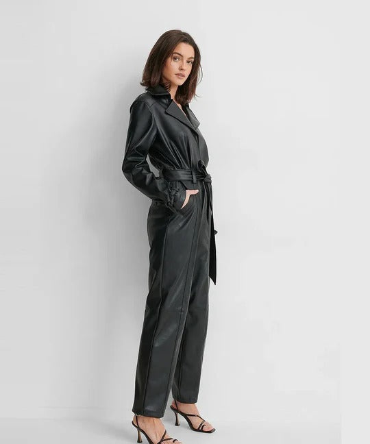 Black Women's Long-Sleeve Genuine Lambskin Leather Jumpsuit