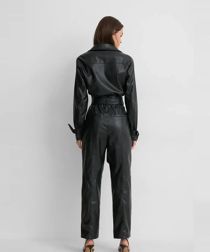 Black Women's Long-Sleeve Genuine Lambskin Leather Jumpsuit