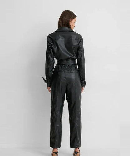 Black Women's Long-Sleeve Genuine Lambskin Leather Jumpsuit