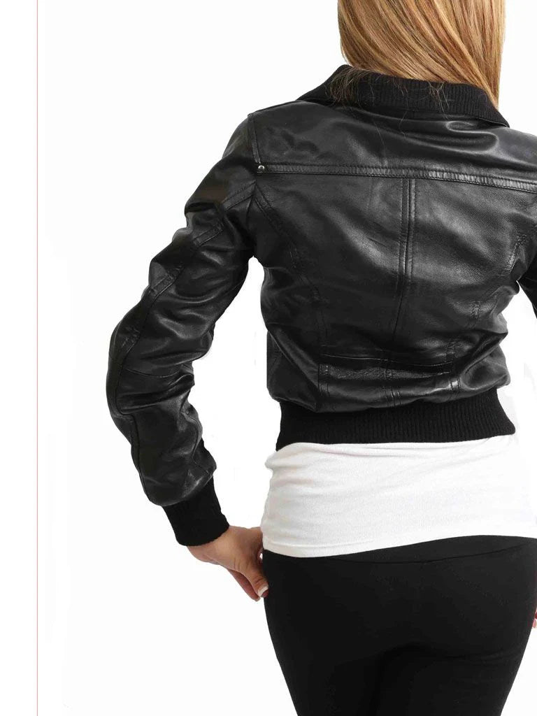 Trendy Women’s Black Leather Short Bomber Jacket for Urban Chic