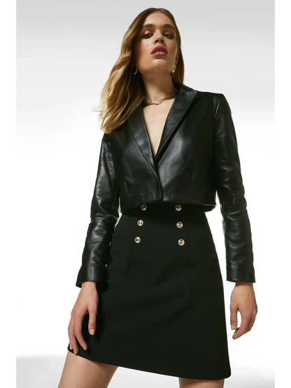 Chic Women’s Black Sheepskin Leather Cropped Blazer