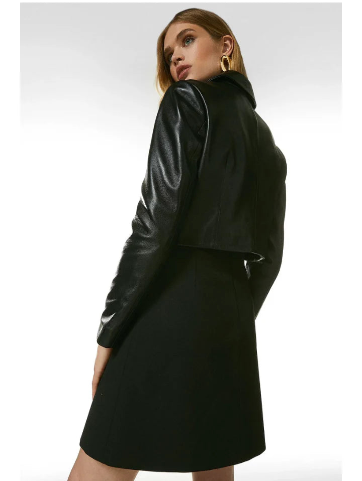 Chic Women’s Black Sheepskin Leather Cropped Blazer