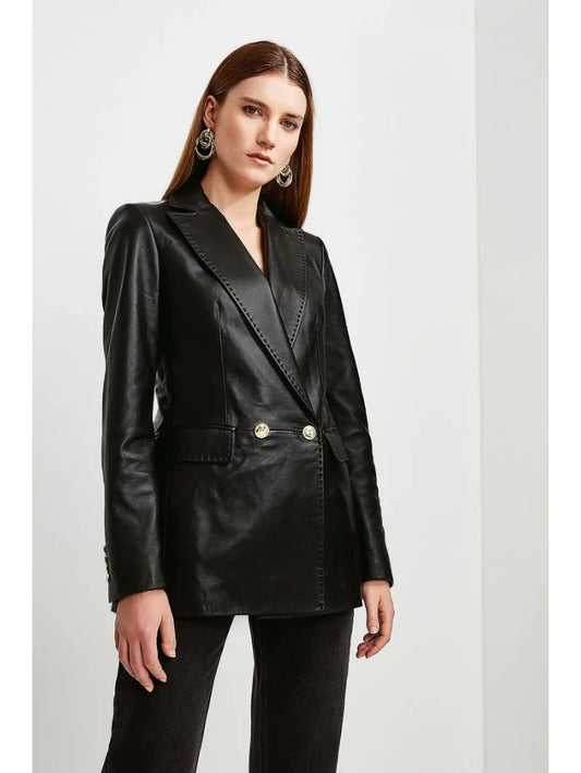 Stylish Women’s Black Sheepskin Leather Blazer - Golden Buttons