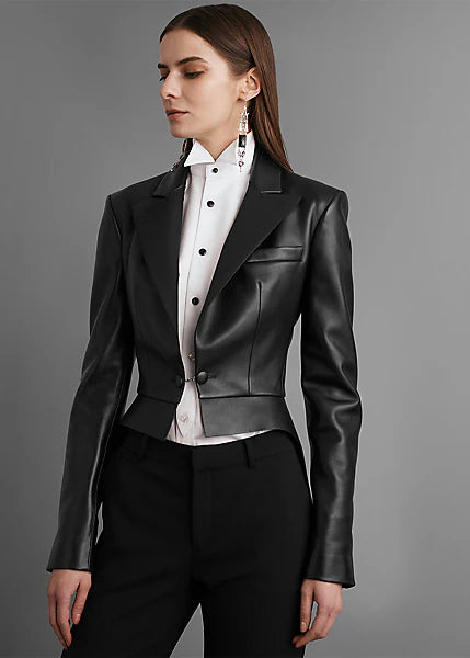 Elegant Women’s Black Sheepskin Leather Tuxedo Blazer