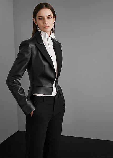 Elegant Women’s Black Sheepskin Leather Tuxedo Blazer