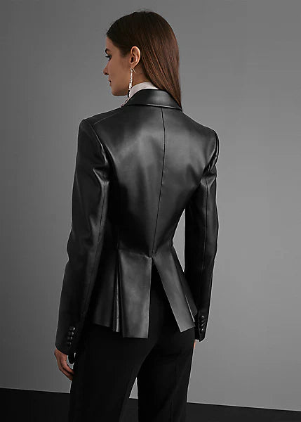 Elegant Women’s Black Sheepskin Leather Tuxedo Blazer