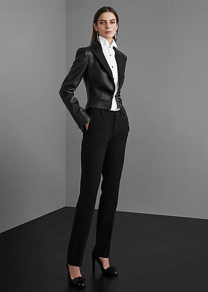 Elegant Women’s Black Sheepskin Leather Tuxedo Blazer