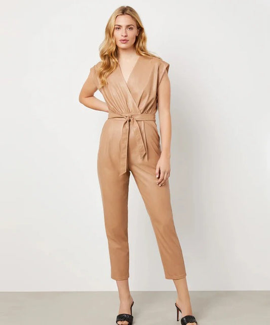 Women's Brown Leather Belted Jumpsuit