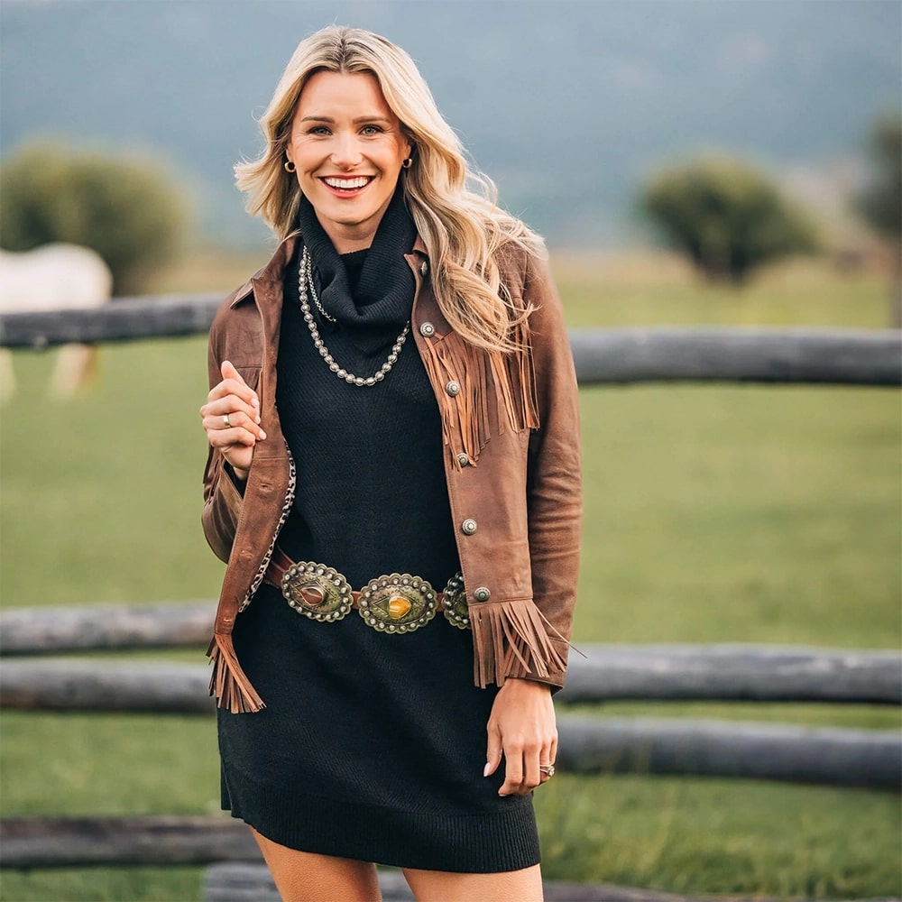 Women Brown Fringe Leather Jacket premium 