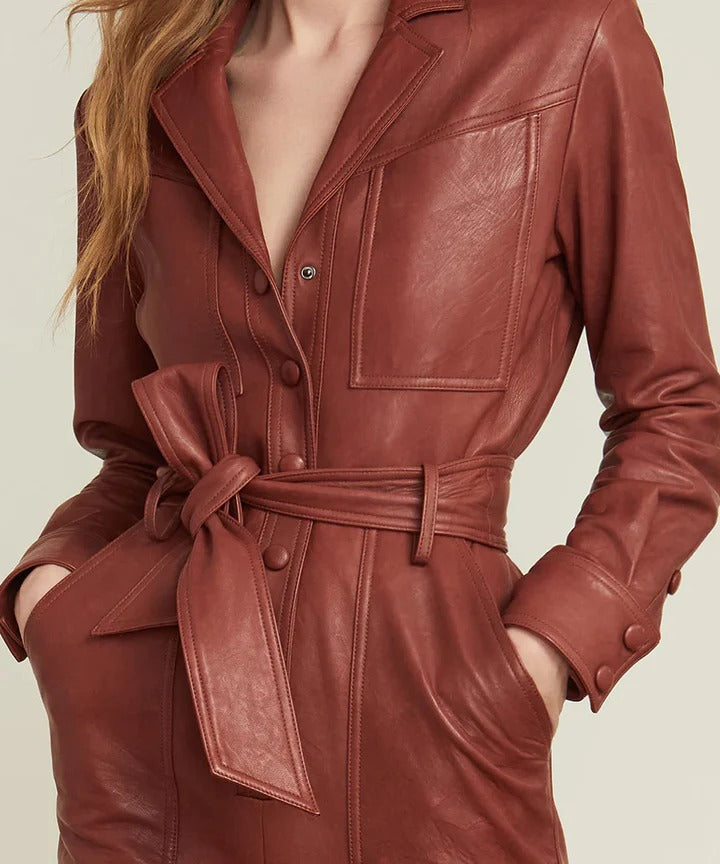 Women's Brown One-Piece Belted Leather Jumpsuit