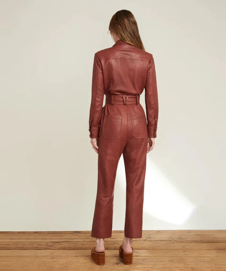 Women's Brown One-Piece Belted Leather Jumpsuit