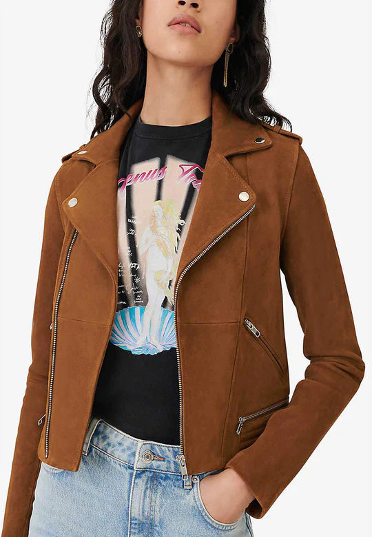 Stylish Women’s Brown Suede Leather Biker Jacket