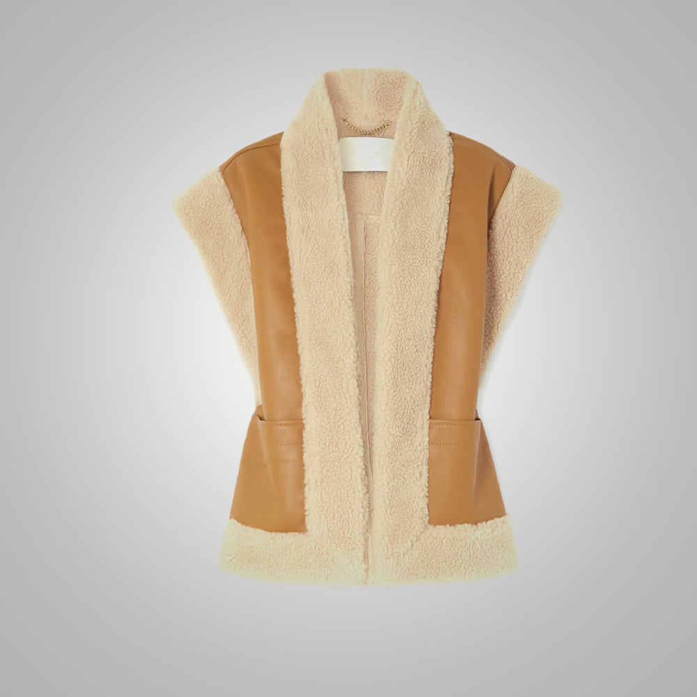 Women's Brown Thick Fur Shearling Sheepskin Leather Vest - TopGuruJackets