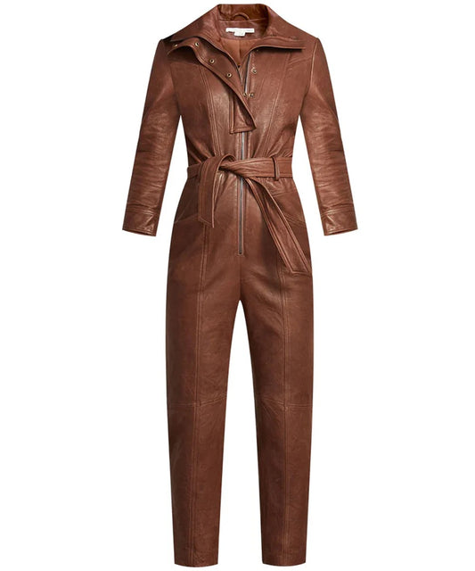 Women's Brown Utility Belted Leather Jumpsuit