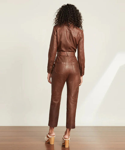 Women's Brown Utility Belted Leather Jumpsuit