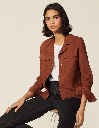 Stylish Women’s Camel Brown Suede Leather Trucker Jacket