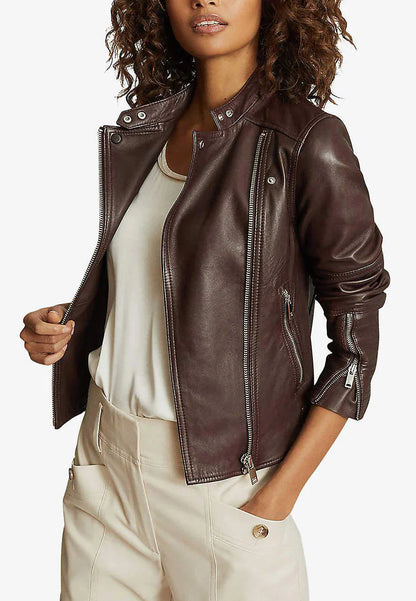 Stylish Women’s Chocolate Brown Leather Biker Jacket