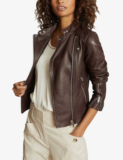 Stylish Women’s Chocolate Brown Leather Biker Jacket