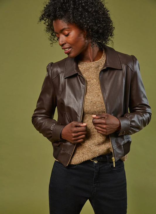 Women's Chocolate Brown Leather Bomber Jacket