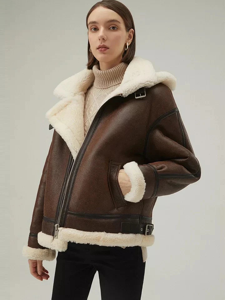 Stylish Women’s Chocolate Brown Leather Shearling Hooded Coat