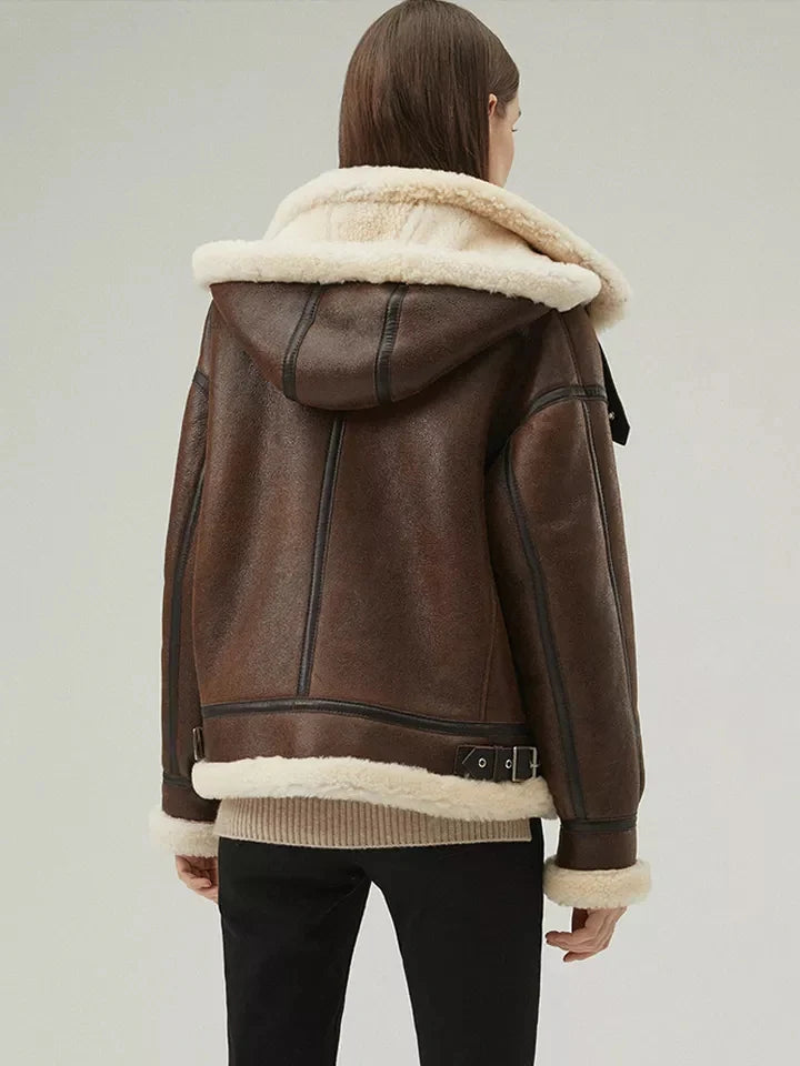 Stylish Women’s Chocolate Brown Leather Shearling Hooded Coat