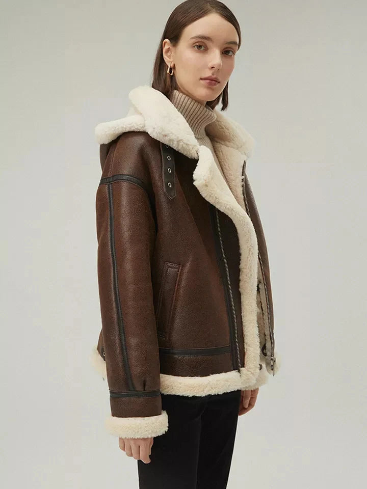 Stylish Women’s Chocolate Brown Leather Shearling Hooded Coat